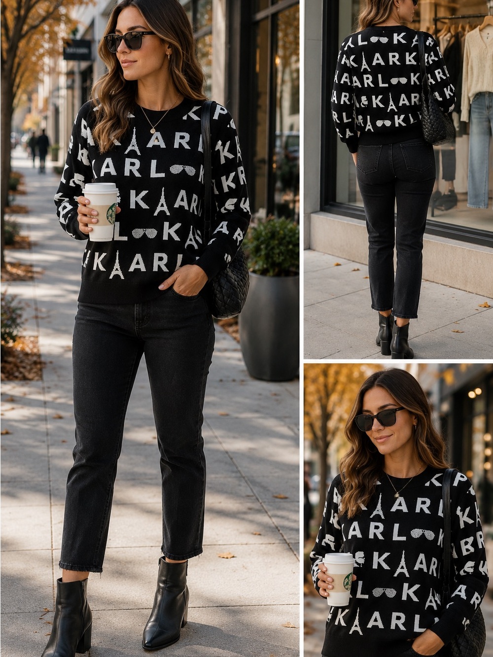 Karl Lagerfeld Paris Black Logo Eiffel Tower Knit Sweater Women’s Medium
